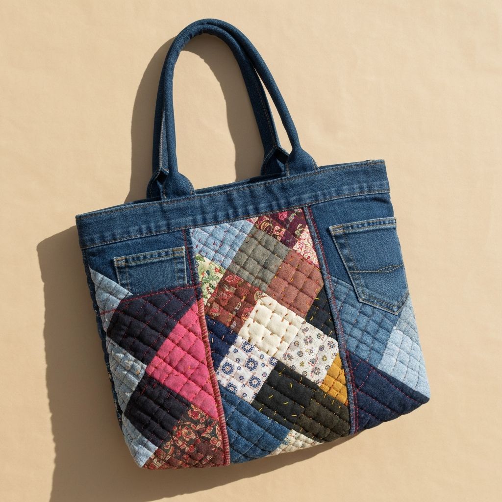 Handmade patchwork bag crafted from upcycled clothes